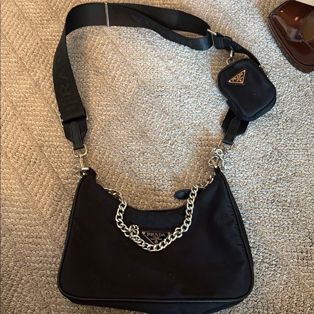Prada Black Nylon Shoulder Bag with Chain and Detachable Strap